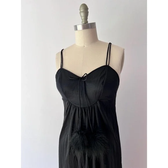 Vintage Black Mesh Slip Dress with Ostrich Puff Bow - Picture 4 of 5
